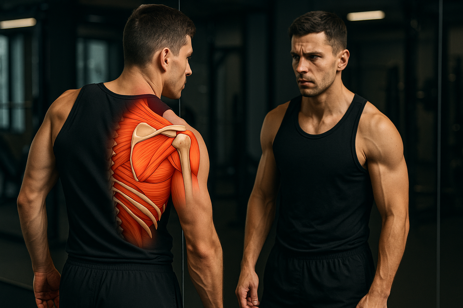 어깨 불균형과 운동 자세 문제를 상징적으로 보여주는 이미지