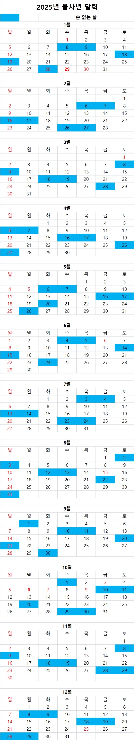 2025년 을사년 달력