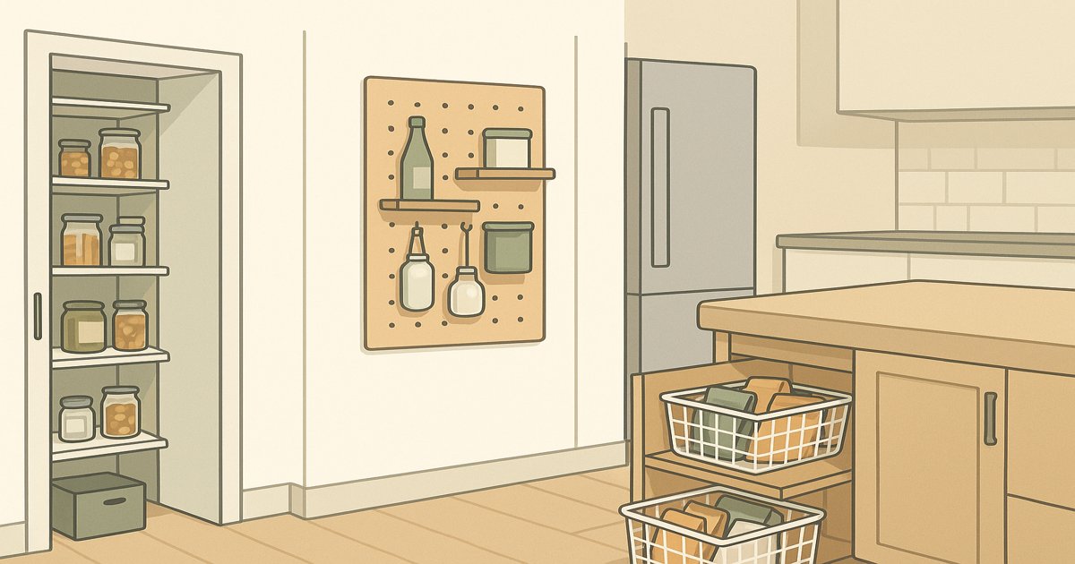 아파트 숨은 공간 활용 팬트리 수납 아이디어 3가지, 수직 선반, 페그보드 벽 수납, 벤치 아래 바구니 인포그래픽