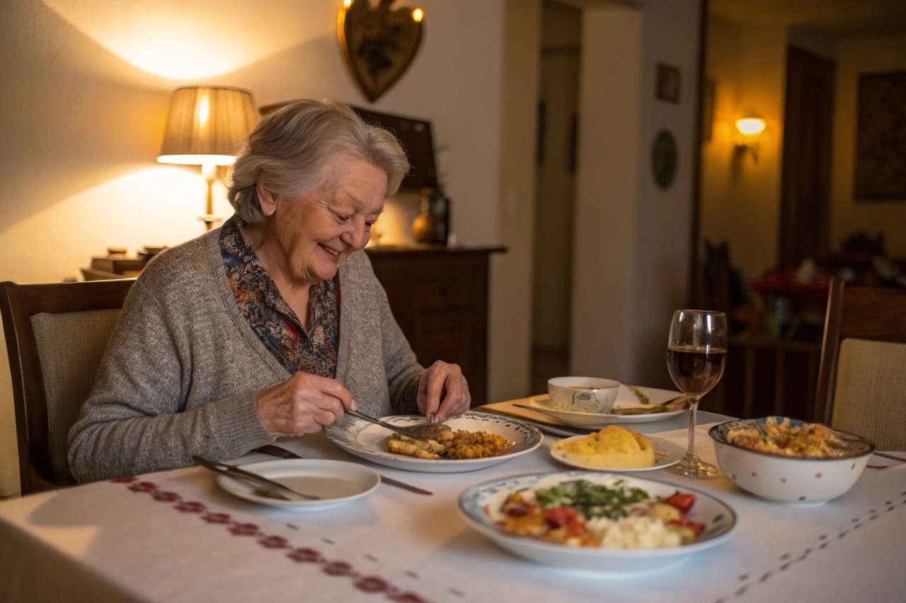 식탁에서 식사하고 있는 할머니