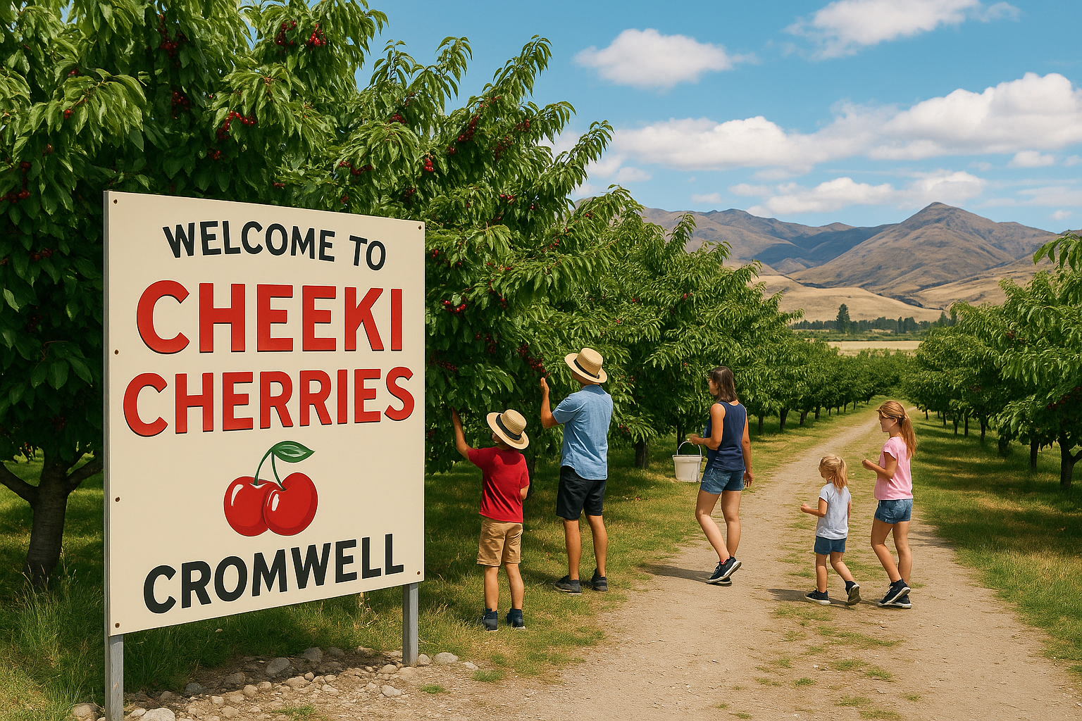 가족들이 체리농장에 있는 사진
