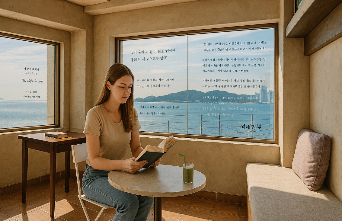 바닷가 북카페에서 즐기는 힐링 독서 모습