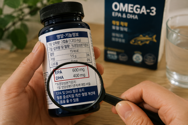 오메가 3 제품 영양 기능 정보에서 EPA와 DHA 함량을 확인하는 모습