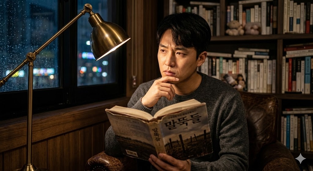 [A person deeply immersed in reading a novel in a quiet, dimly lit, cozy room, reflecting seriously on the heavy social message conveyed through the book's pages]