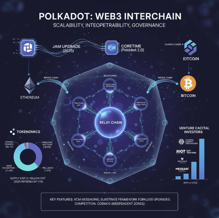 폴카닷(Polkadot)의 웹3 인터체인 아키텍처, 릴레이 체인과 파라체인 구조, 이더리움 및 비트코인 연결 브릿지, JAM 업그레이드, DOT 토큰 이코노믹스(스테이킹, 파라체인 경매), 그리고 벤처 캐피탈 투자자 현황을 보여주는 인포그래픽