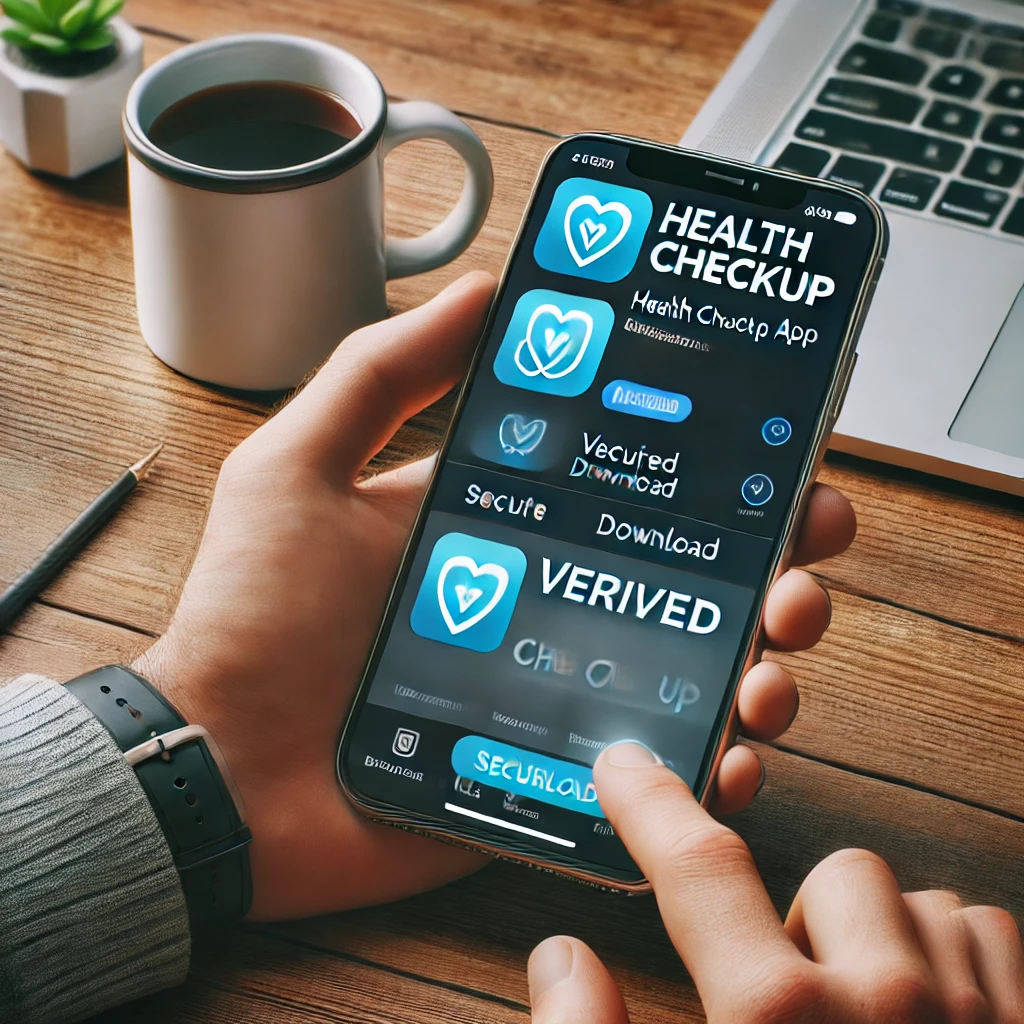 스마트폰으로 공식 앱 스토어에서 인증된 건강검진 앱을 다운로드하는 사람. 화면에 앱 세부 정보와 안전한 다운로드 옵션이 표시되어 있으며&amp;#44; 배경에는 커피잔과 작은 화분이 있는 깔끔한 책상
