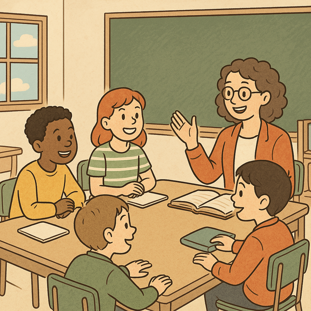 토론하는 학생들과 교사