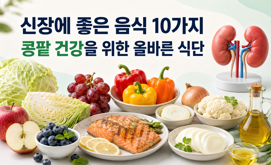 신장에 좋은 음식 10가지와 콩팥 건강을 위한 식단으로 생선, 양배추, 사과, 베리류, 파프리카, 올리브유를 소개하는 대표 이미지