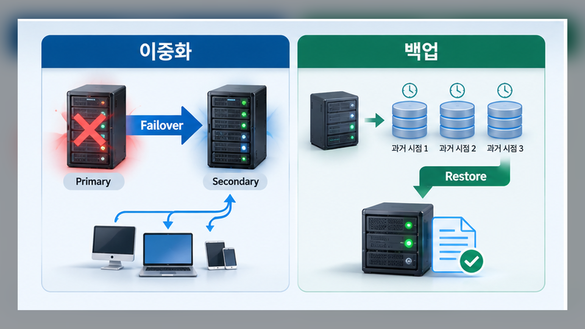 서버 이중화의 Failover와 백업의 Restore 과정을 비교한 구조도