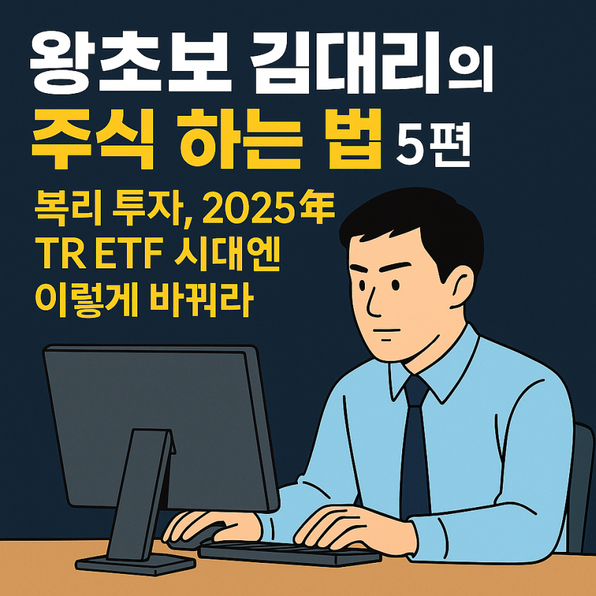 "정장을 입은 김대리 캐릭터가 사무실 책상에 앉아 모니터를 바라보며 진지한 표정으로 ETF 수익 그래프를 확인하는 장면. 파란 배경에 '왕초보 김대리의 주식 하는 법 5편 &ndash; 복리 투자, 2025년 TR ETF'라는 문구가 강조된 디지털 일러스트."