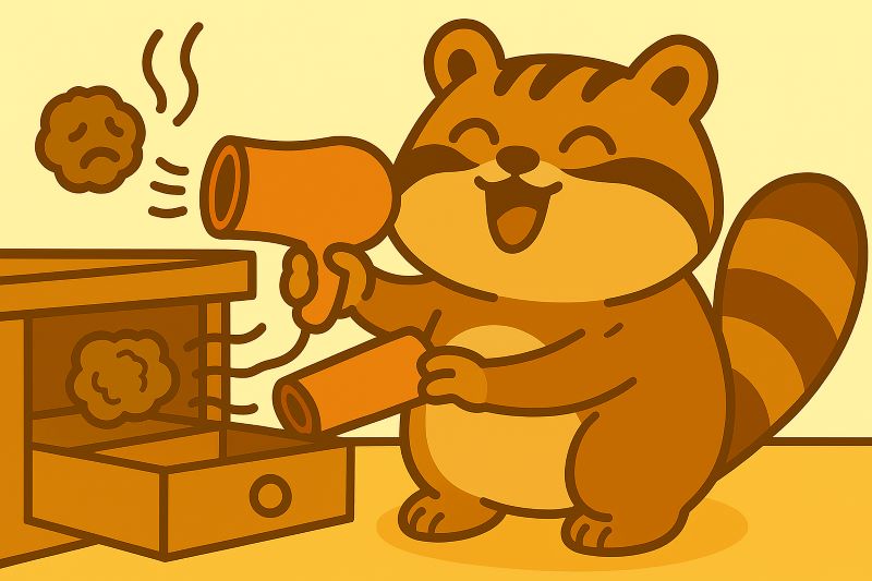 귀여운 너구리 캐릭터가 드라이기를 들고 곰팡이 냄새나는 서랍에 바람을 쐬며 신나 하는 모습.