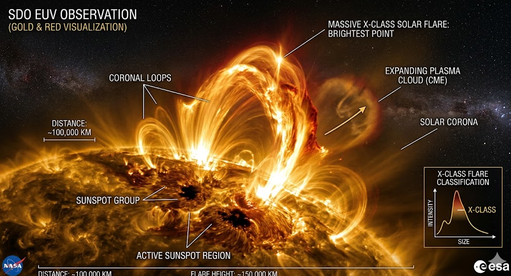 NASA 태양 관측 위성(SDO)이 포착한 태양 표면의 X급 플레어 폭발 장면과 코로나 질량 방출(CME)