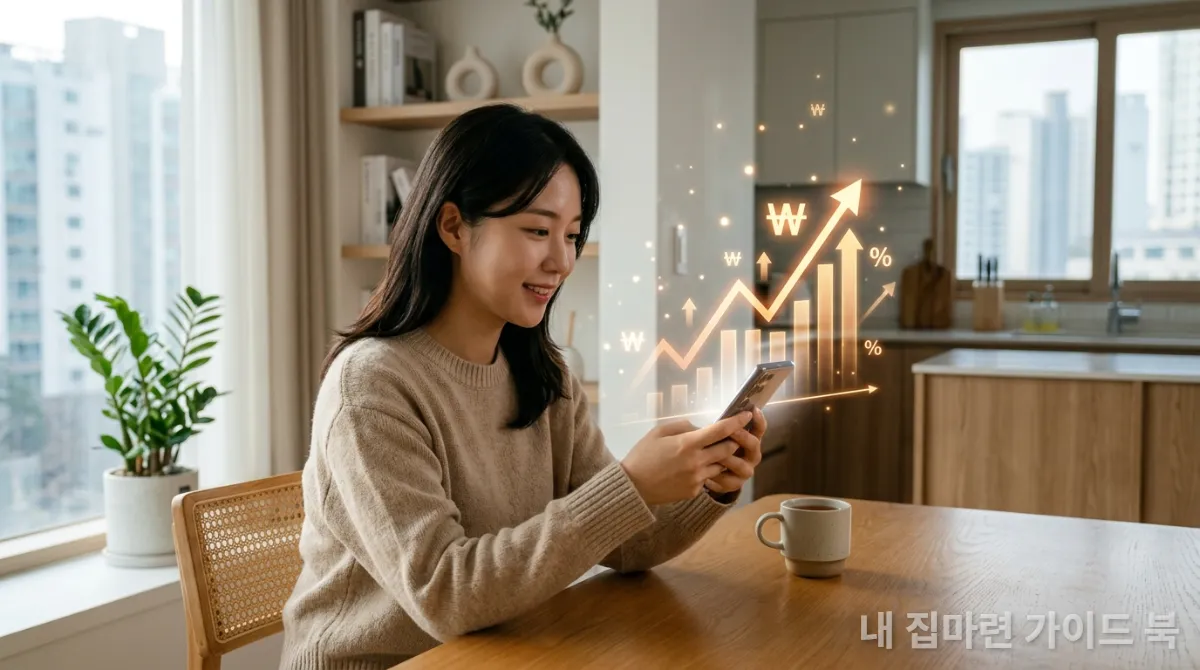 스마트폰으로 높은 이자율을 확인하며 기뻐하는 젊은 한국인