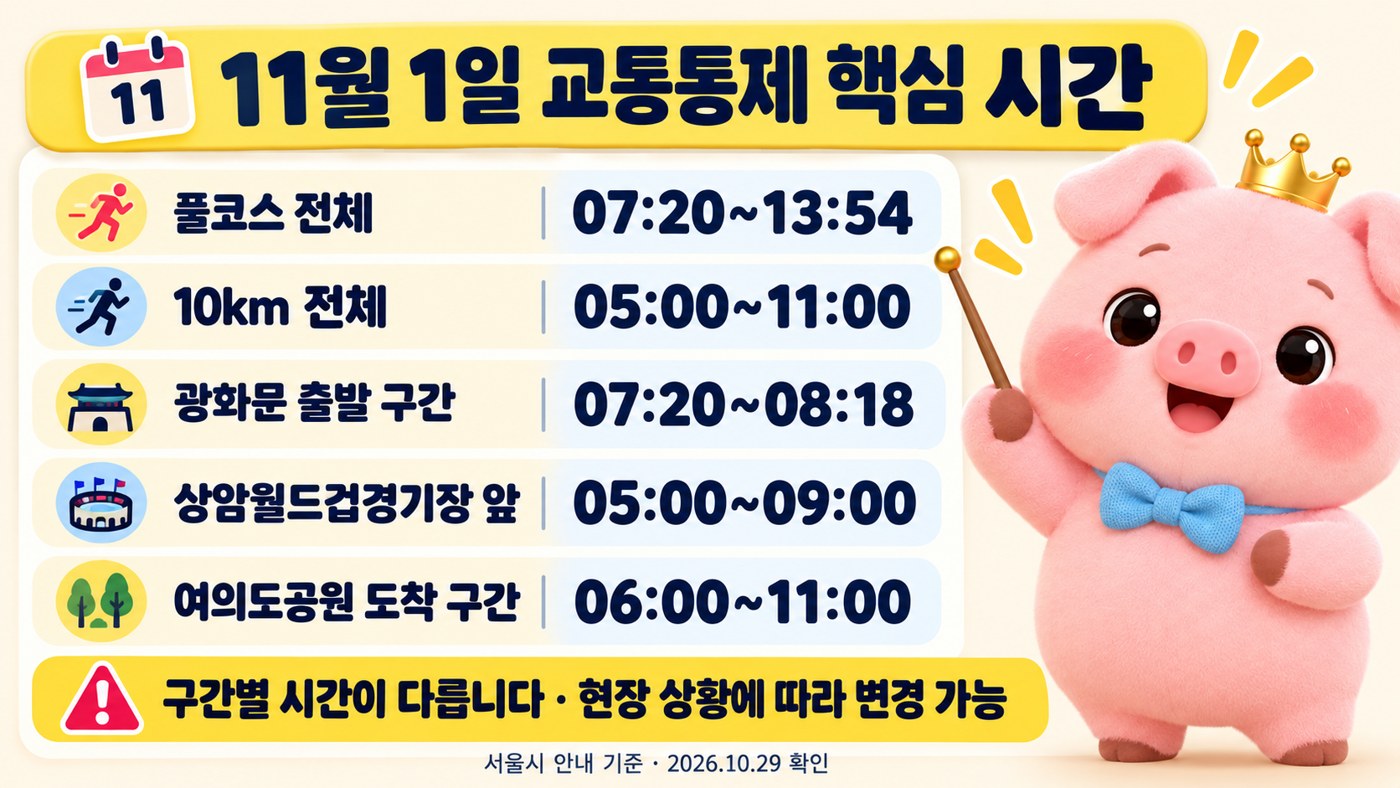 풀코스와 10km 광화문 상암 여의도 교통통제 시간 요약