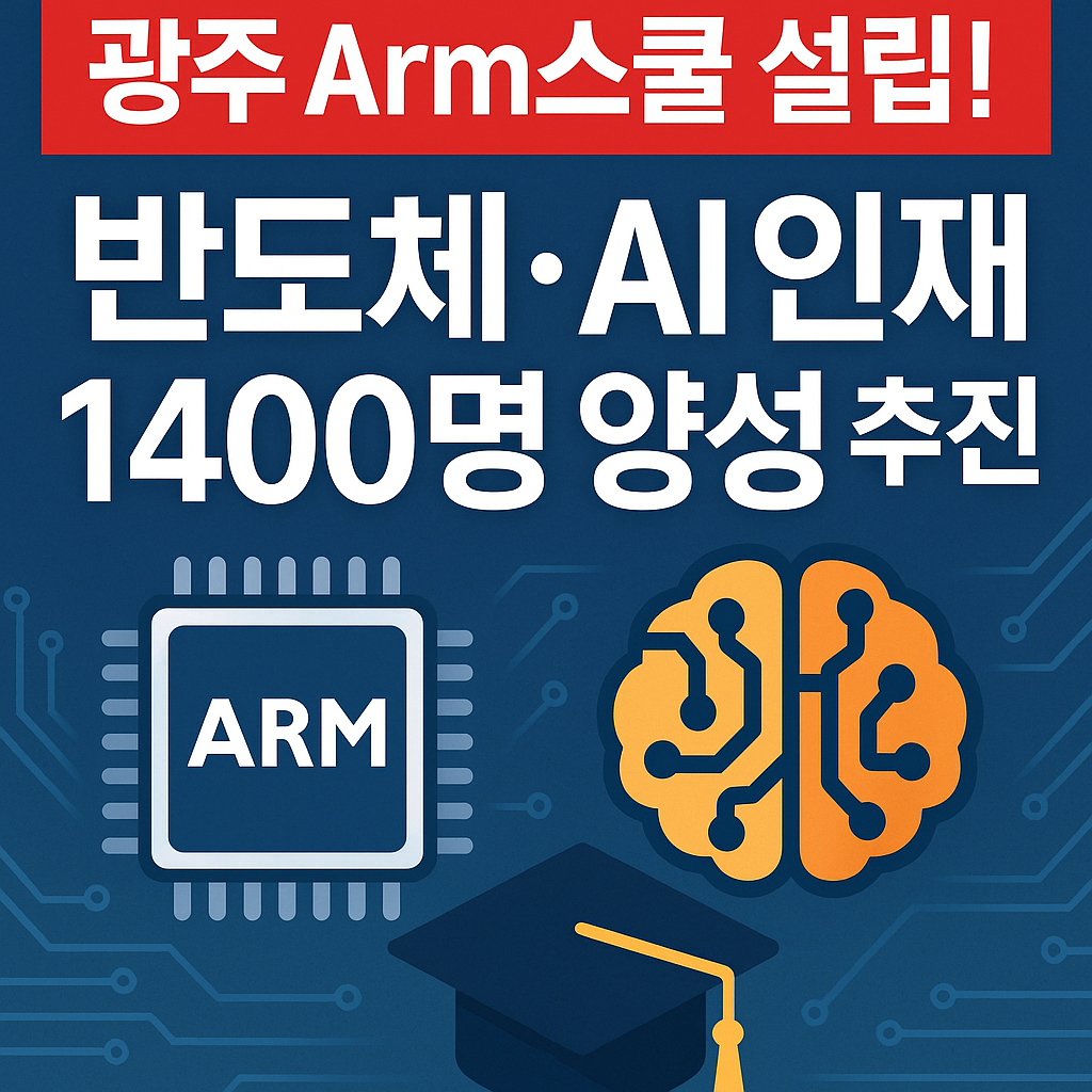 광주에서 Arm스쿨 설립이 추진되며 반도체와 AI 전문 인재 양성을 확대한다는 내용을 담은 뉴스형 썸네일 이미지
