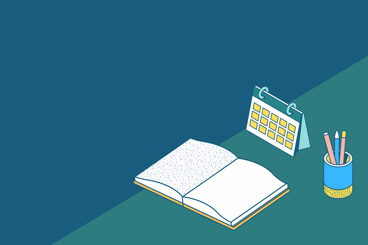 책과 달력 연필이 있는 그림