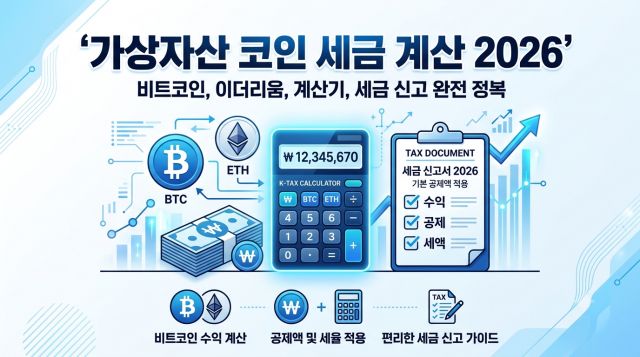 가상자산 코인 세금 계산 2026 기준, 기본공제 250만원과 22% 세율을 설명하는 인포그래픽