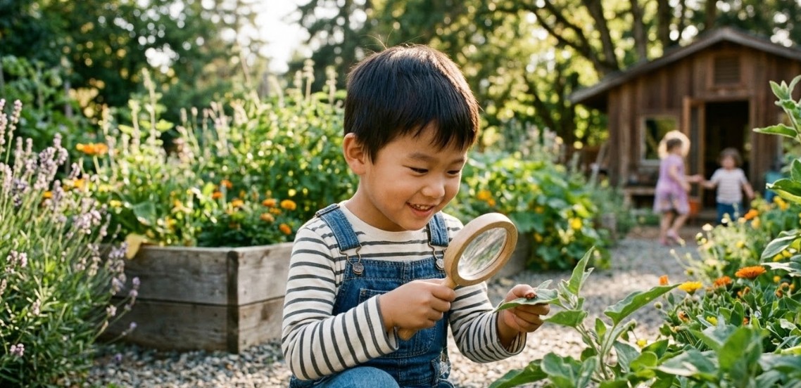 자연 속에서 돋보기로 식물을 관찰하며 정서적 안정을 얻고 호기심을 키우는 5세 아이의 모습. 뇌 발달 단계에 맞춘 자율 학습 이미지
