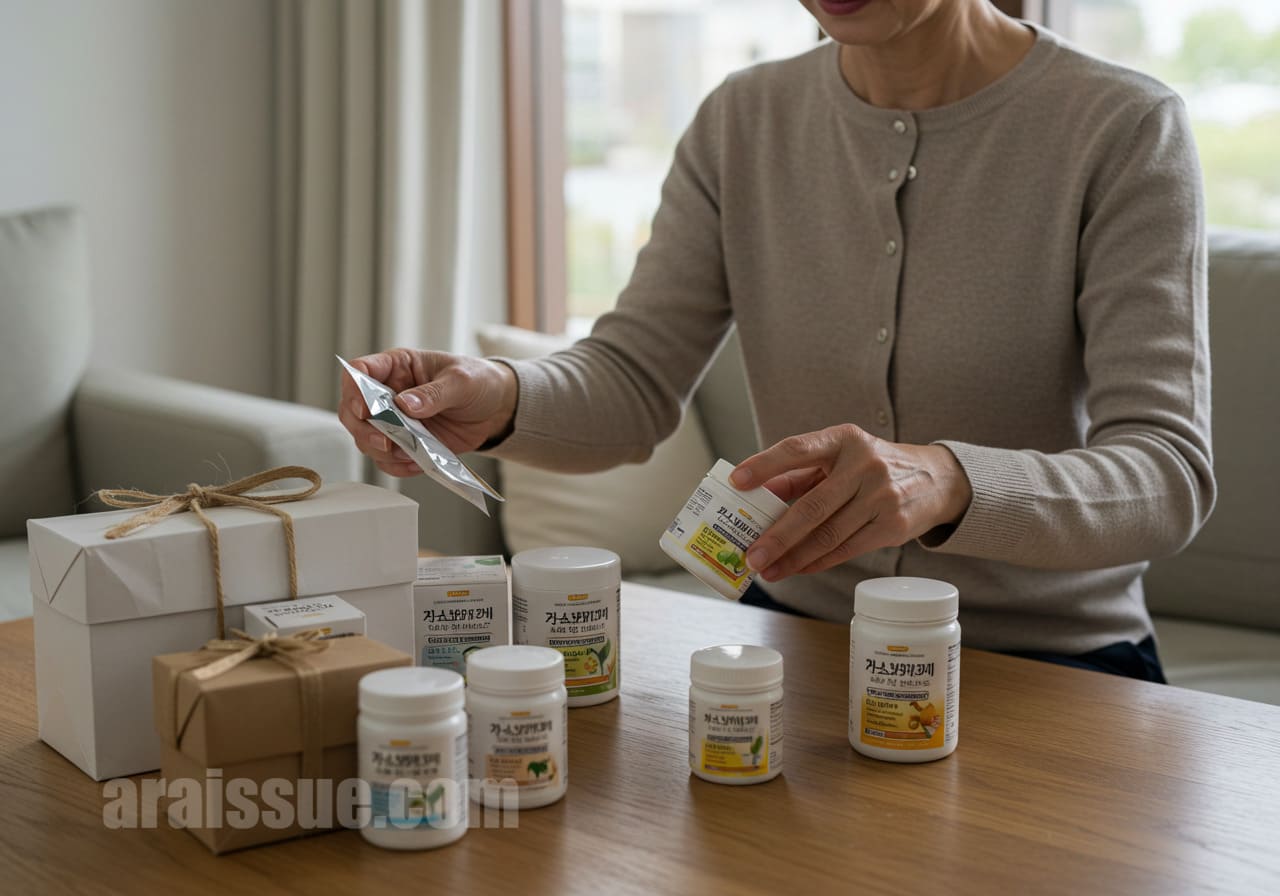 부모님 건강을 위해 정성스럽게 준비한 건강기능식품 선물상자가 탁자 위에 놓인 모습