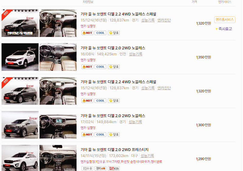 기아 쏘렌토 중고차 가격 시세표 24년10월