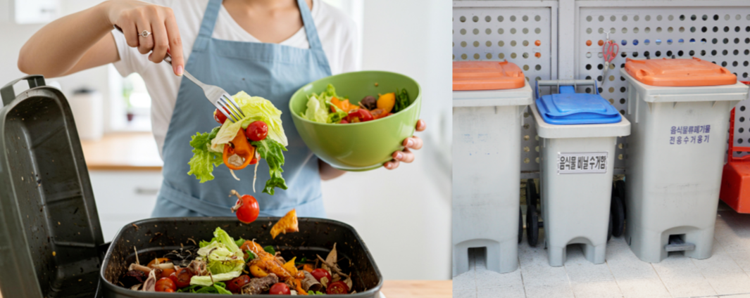가정에서 배출되는 음식물 쓰레기를 음식물 처리 통에 버리는 모습과 공동 주택용 음식물 수거통