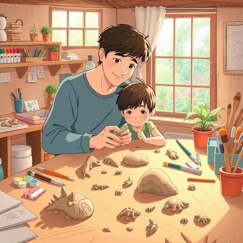 작업실에서 아이와 아빠와 공룡화석 만드는 이미지