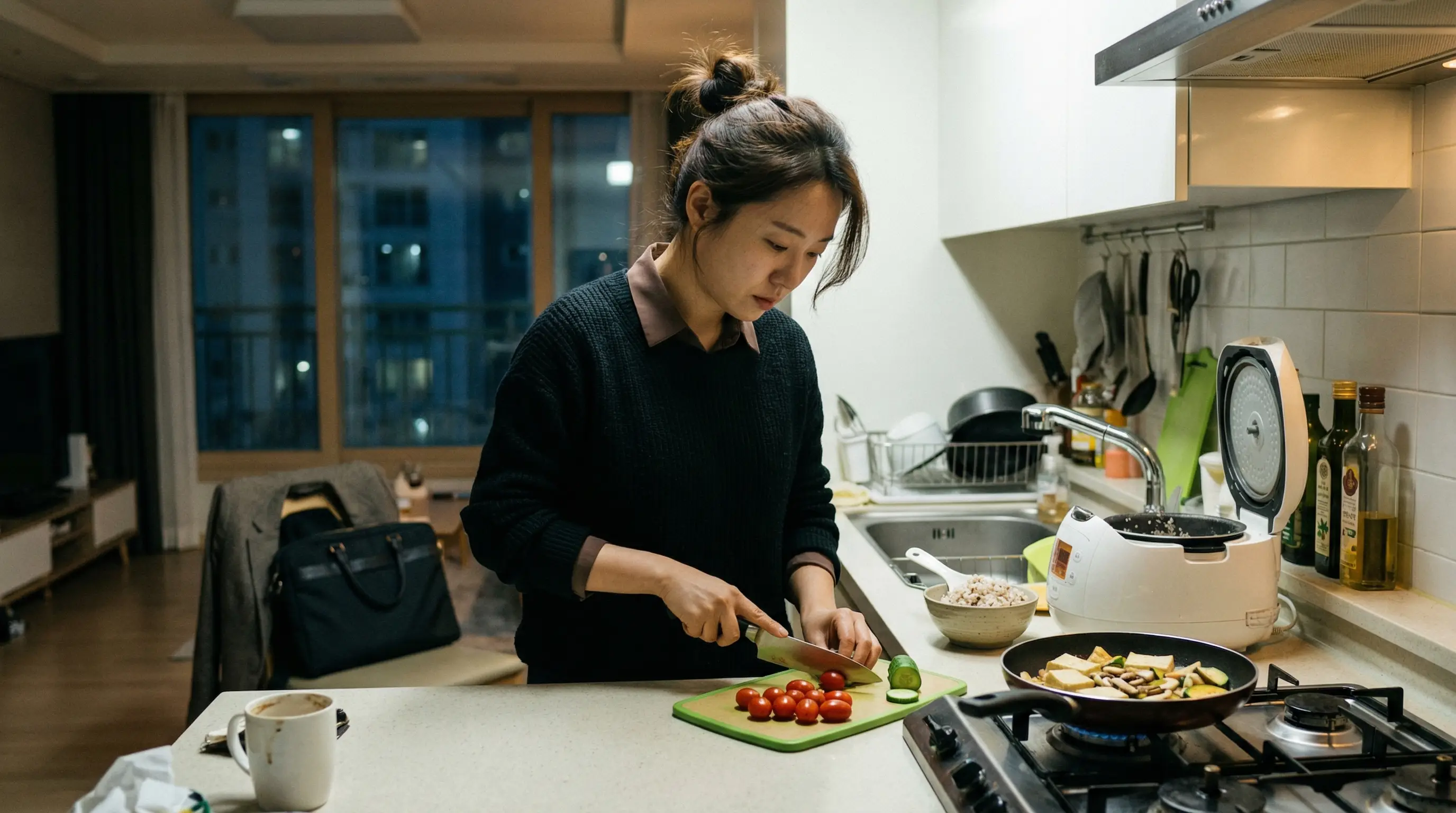 늦은 퇴근 후 저녁 식사를 준비하는 현실적인 장면