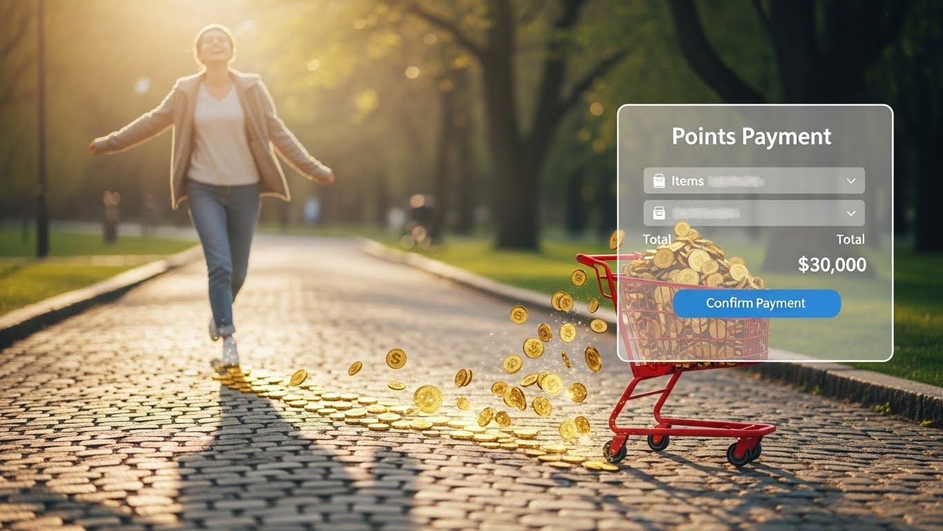 열심히 걷는 사람 뒤로 동전이 쌓이고, 그 동전으로 쇼핑몰에서 물건을 결제하는 즐거운 모습