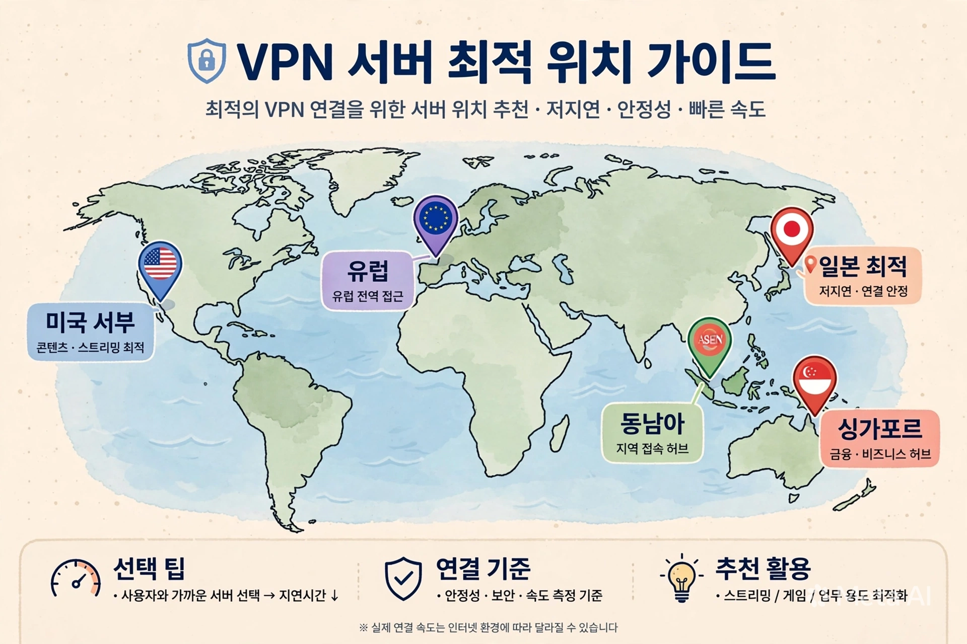 세계지도 위에 국가별 최적 VPN 서버 위치를 표시한 화면