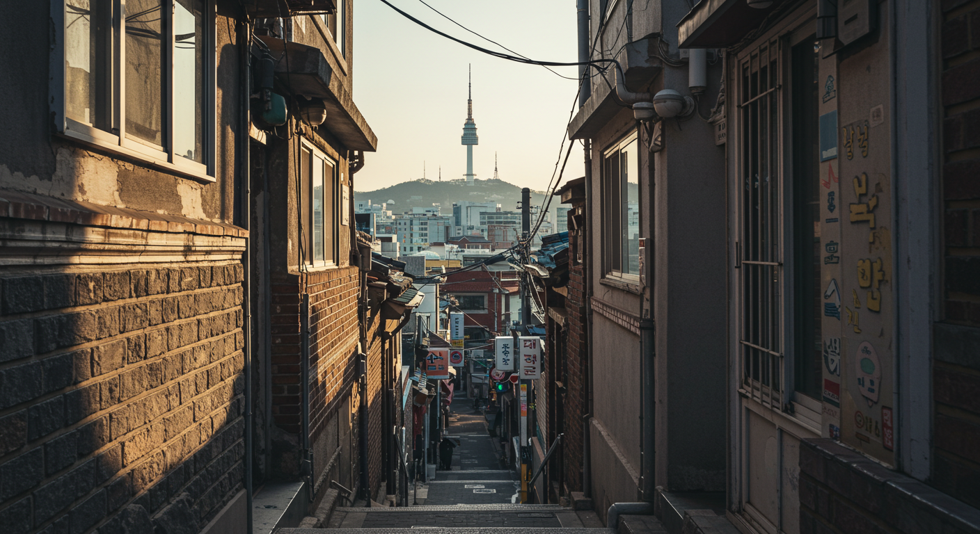 해방촌 신흥시장의 낡은 건물과 골목길 너머로 남산타워가 보이는 풍경