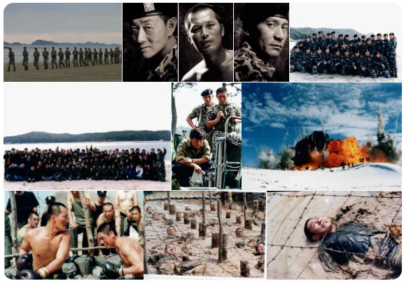 영화 '실미도'의 주요 스틸컷 모음. 흑백 프로필 사진의 안성기, 설경구, 허준호와 갯벌 및 철조망 지옥 훈련, 권투 대결, 설원 폭파 장면, 단체 기념사진 등이 담긴 모습.
