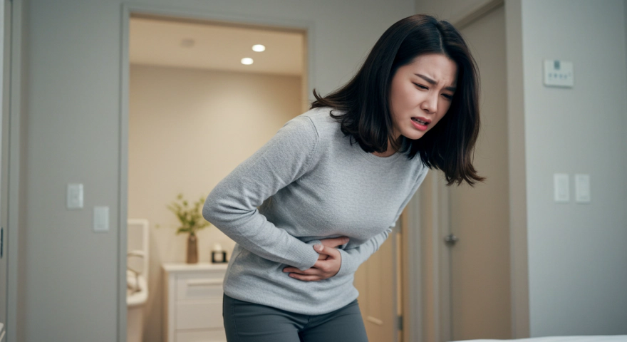 속쓰림으로 배를 잡은 한국인 여성