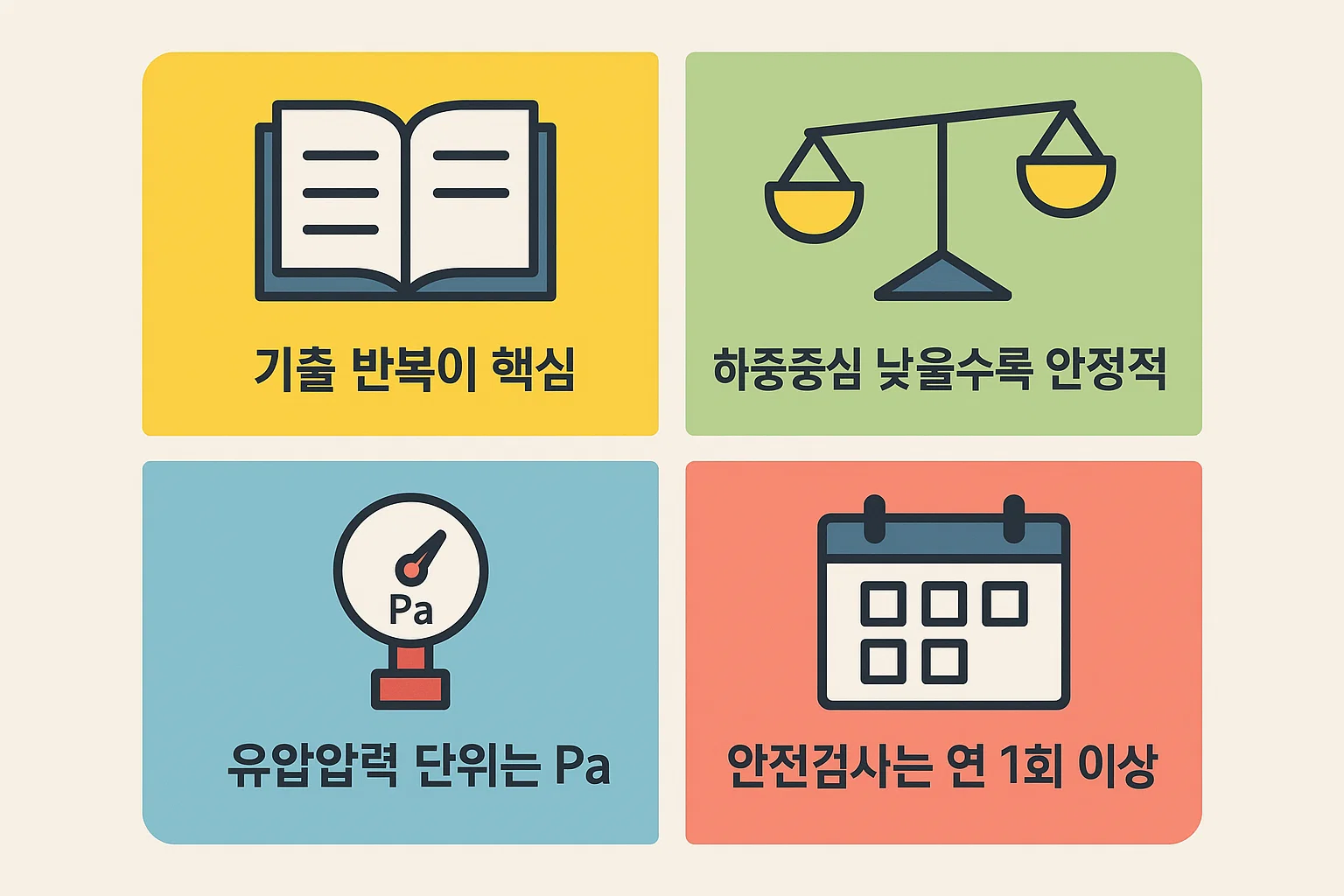 기출문제 반복 학습, 하중중심 안정성, 유압압력 단위, 안전검사 주기 등 필기시험에서 자주 등장하는 핵심 암기포인트를 정리한 인포그래픽입니다.