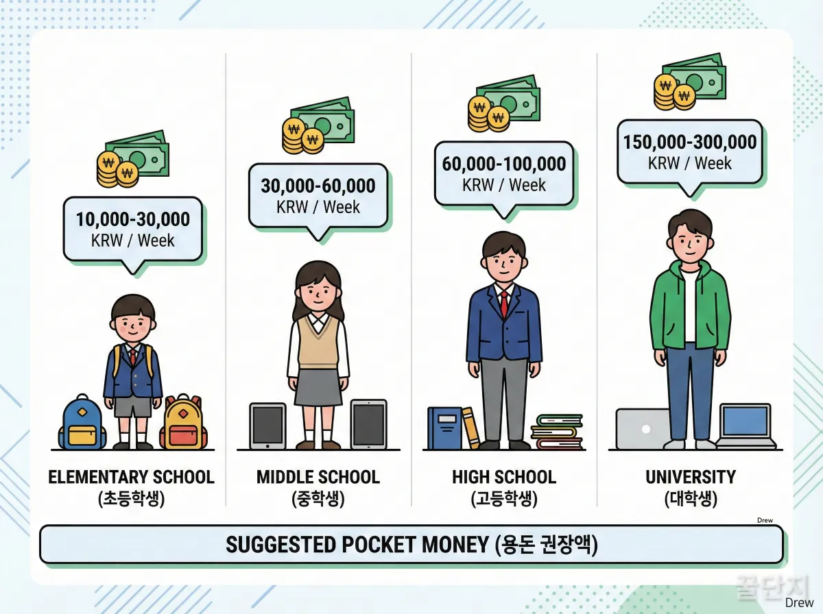초등학생부터 대학생까지 연령별 세뱃돈 적정 액수를 보여주는 인포그래픽