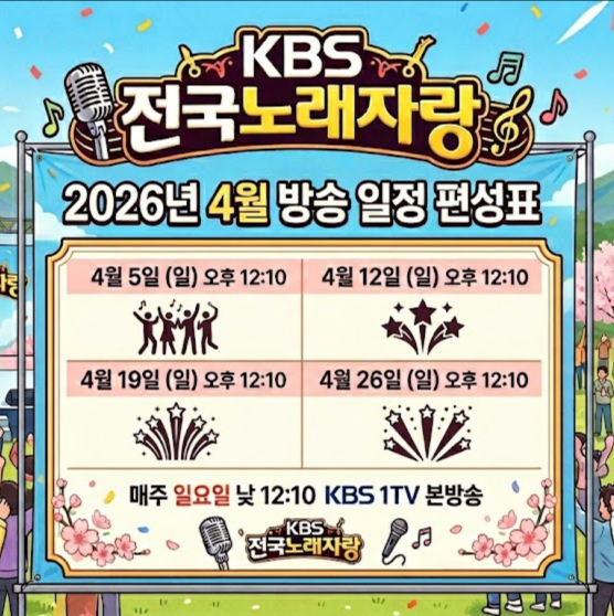KBS 전국노래자랑 2026년 4월 방송 일정 편성표 경남 진주시&middot;경북 의성군&middot;경남 남해군&middot;전북 임실군