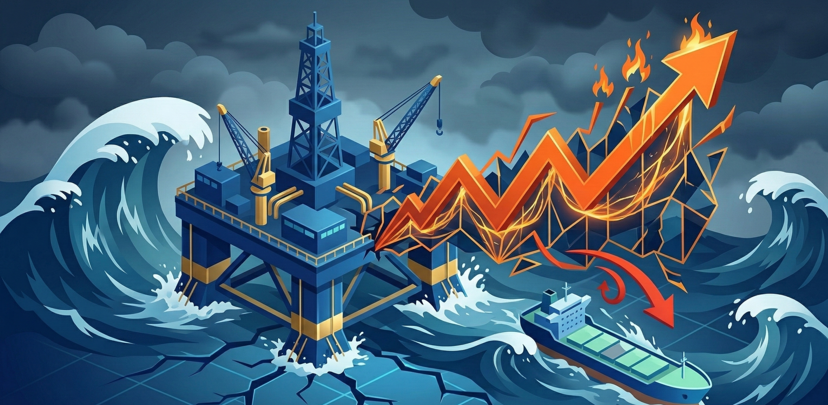 Oil rig in stormy sea with rising energy price charts / 지정학적 리스크와 에너지 가격 급등의 상관관계