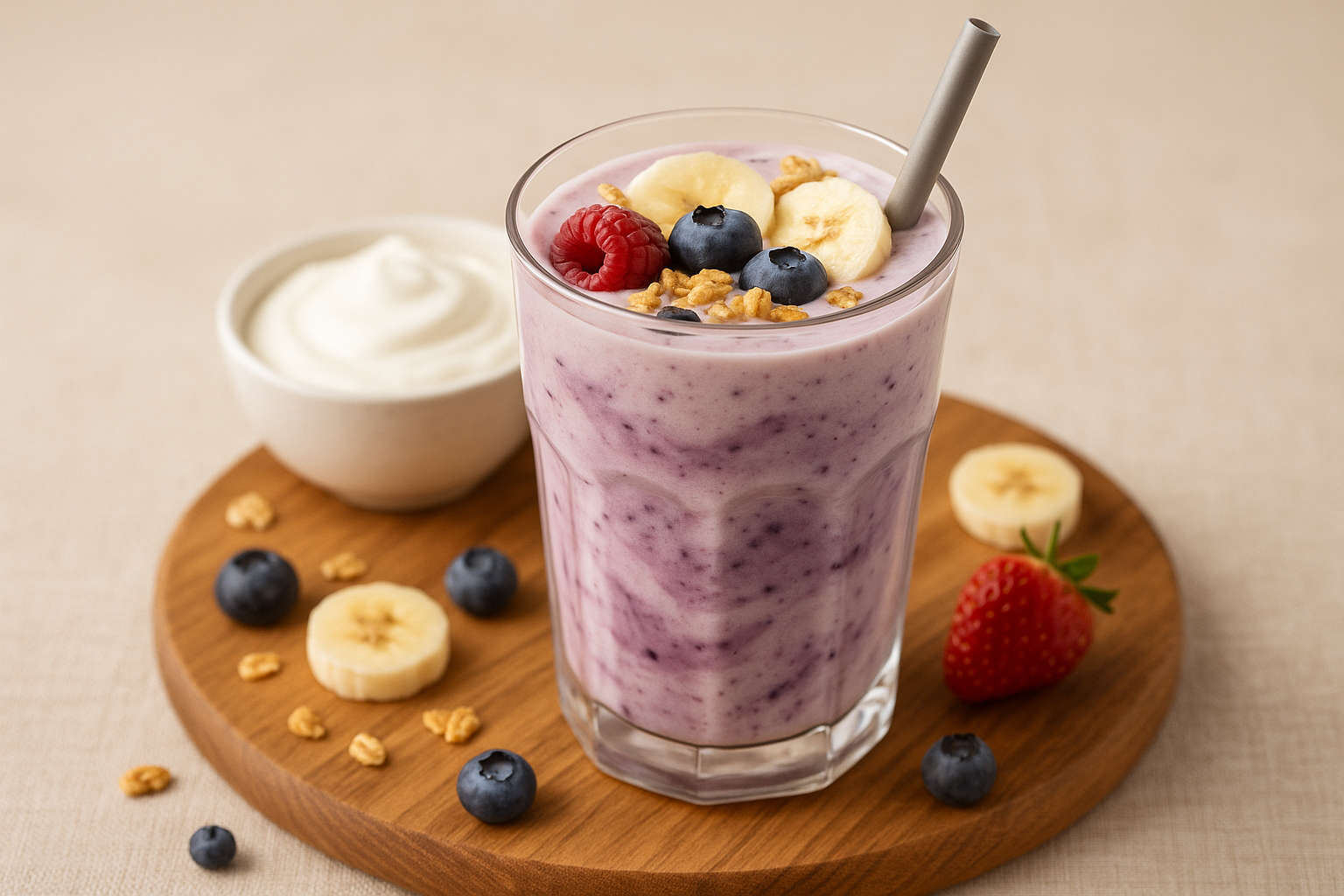 베리와 바나나, 그래놀라로 토핑된 그릭요거트 스무디