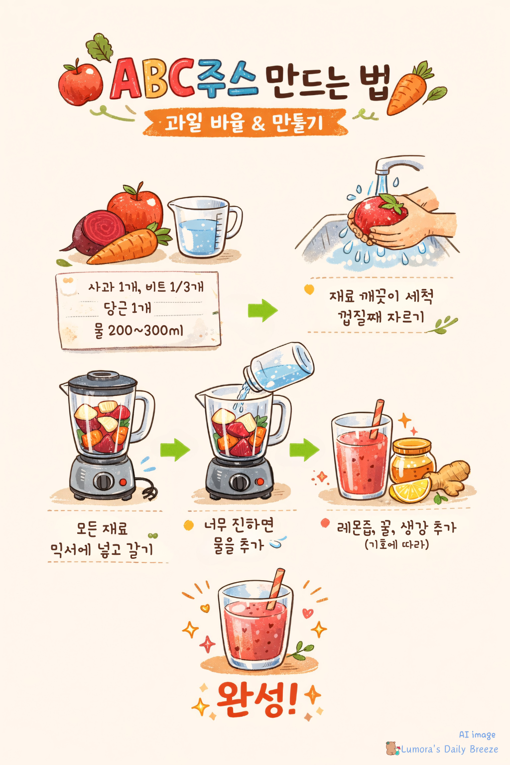 ABC주스 만드는 방법과 재료의 비율 : 손그림스타일로 ABC주스 만드는 방법과 순서를 자세하게 그린 이미지.