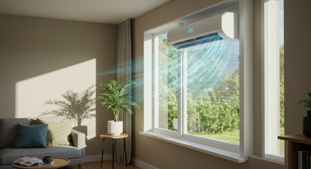 2025년형 창문형 에어컨이 설치된 쾌적한 방의 모습, 창문 밖으로 보이는 푸른 풍경과 실내에 흐르는 시원한 바람이 강조된 이미지