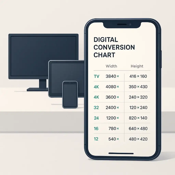 디지털 기기별 해상도 비교를 시각적으로 설명하는 미니멀한 일러스트
