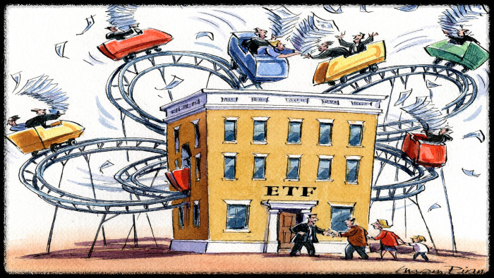 레트로 스타일로 표현된 ETF 유동성 워터폴 다이어그램, 각 레이어의 흐름 강조