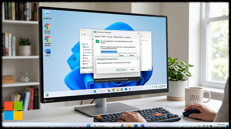 Windows 다운로드 폴더 위치를 기본값으로 복원하는 모습