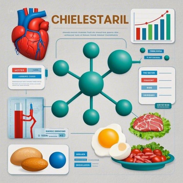콜레스테롤 분자 구조가 중앙에 있고, 주변에 심장, 혈관, 뇌 등의 장기들이 연결선으로 이어져 있는 모습. 한쪽에는 의학 연구 그래프와 통계 차트들이, 다른 한쪽에는 계란, 고기 등의 자연식품들이 배치되어 있어 과학적이면서도 균형잡힌 관점을 보여주는 이미지.