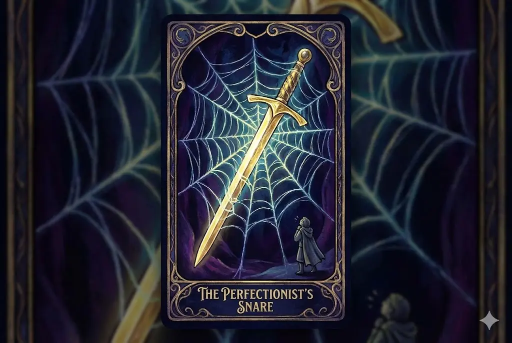 완벽주의 장애물 타로 카드: 거미줄에 걸려 움직이지 못하는 황금빛 칼 일러스트