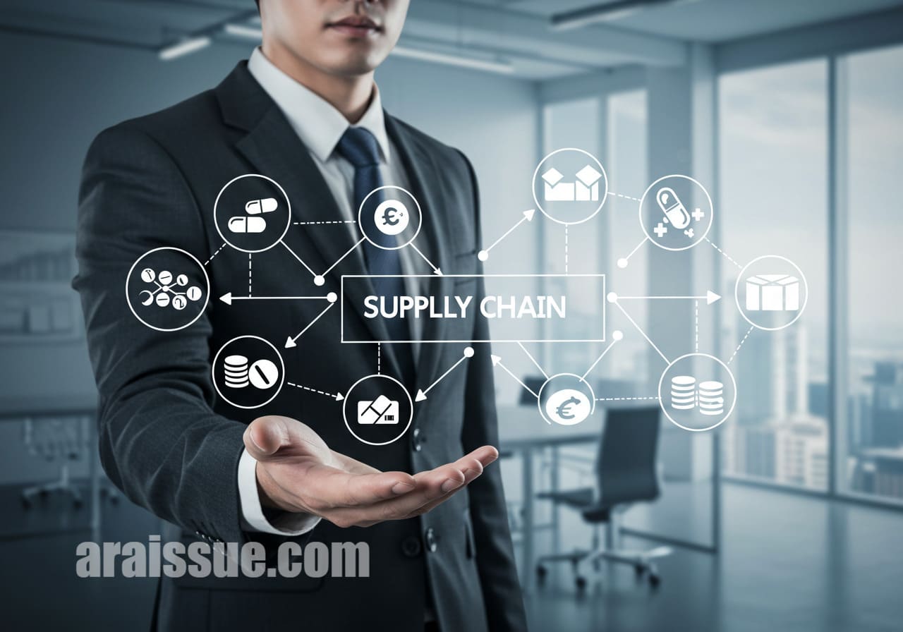 한국인 남성이 현대식 사무실에서 알약과 동전을 이용해 유통 흐름도를 설명하는 장면이다. 단계별 비용 구조를 상징적으로 표현하고 있다.