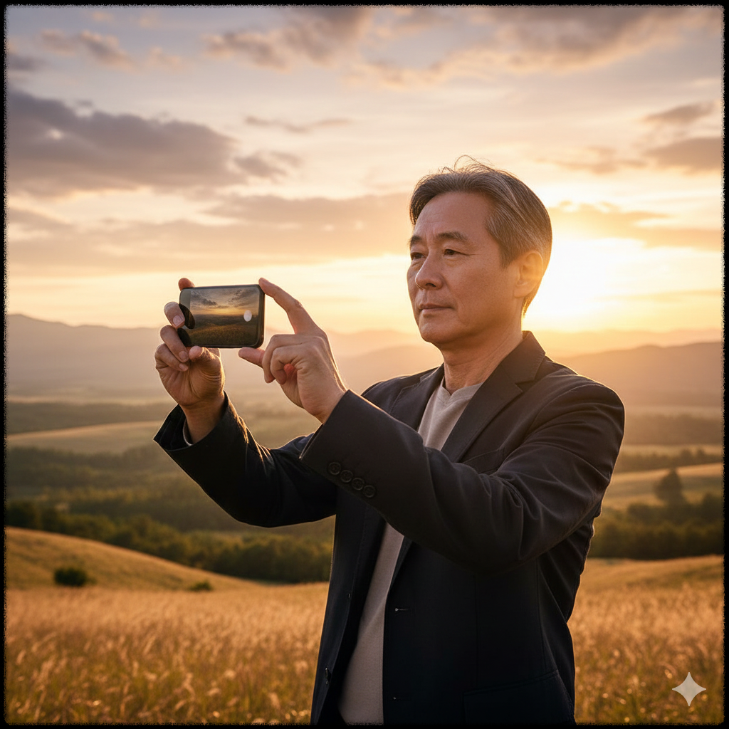 골든아워에서 스마트폰으로 풍경을 촬영하는 모습