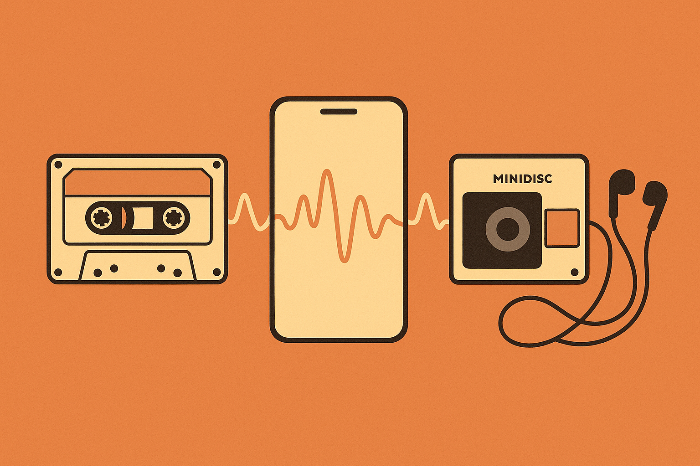 Y2K 청취 기기와 스마트 폰을 단순화한 이미지