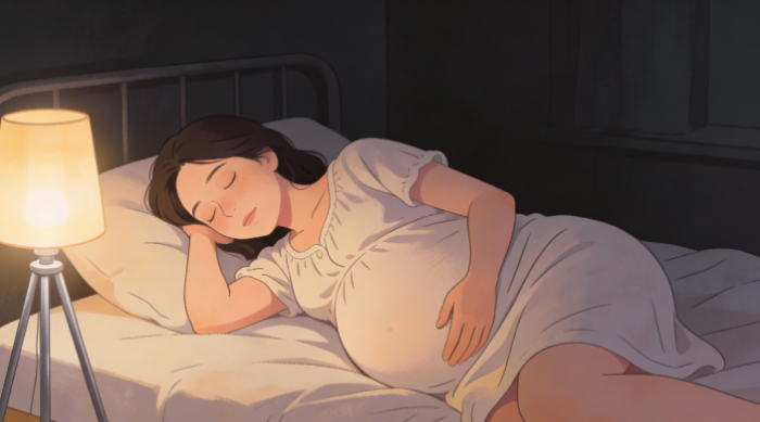 편안하게 잠을 자는 임산부의 모습, 임신 중 숙면과 건강한 생활습관의 중요성을 표현한 일러스트