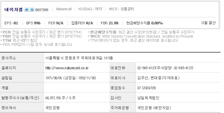 네이처셀 주가 기업개요 (1113)