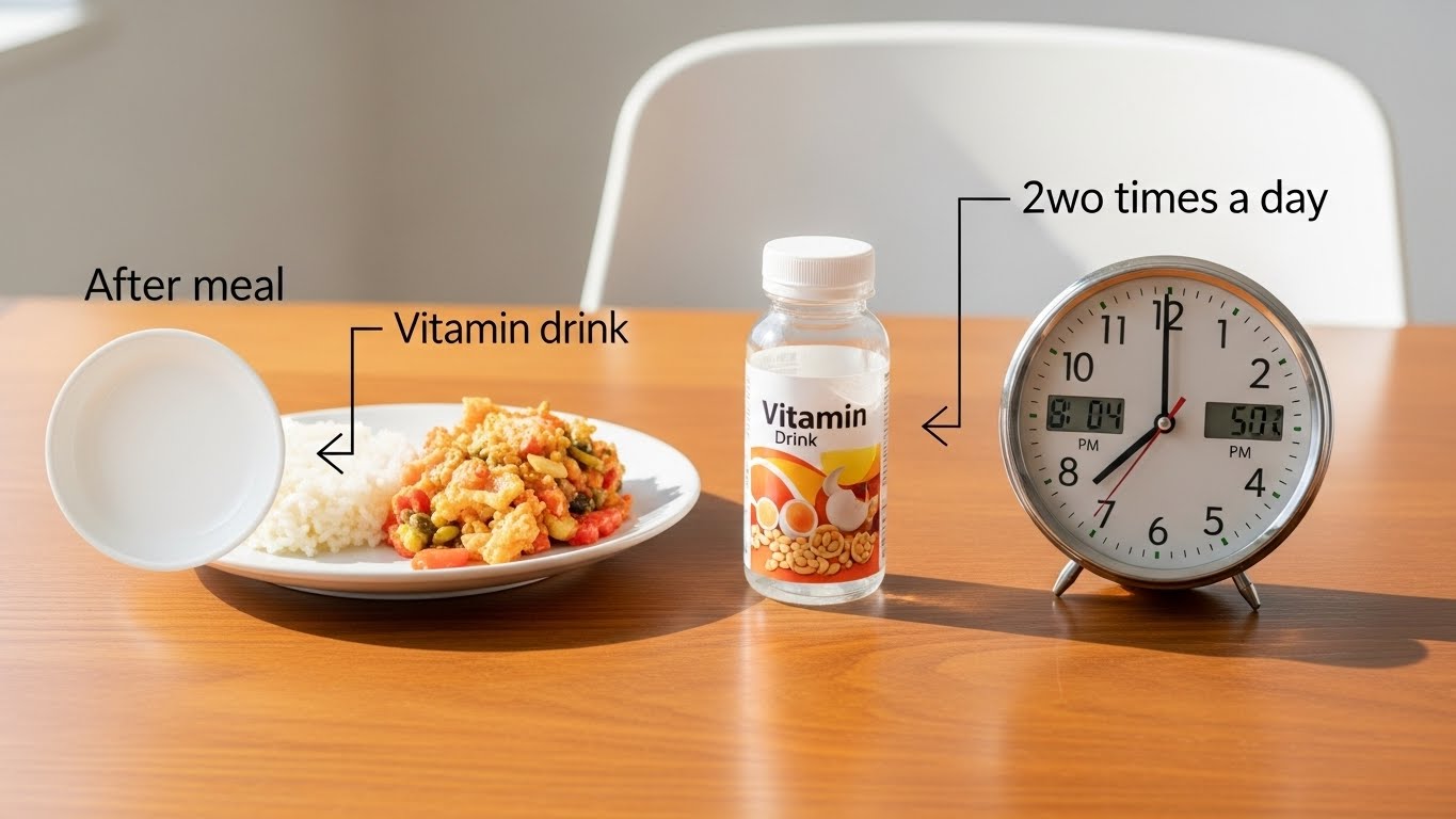 밝은-테이블-위에-비타민-음료-병,-식사-접시,-시계가-매끄러운-좌우-흐름으로-정렬된-시퀀스-스타일의-레이아웃입니다.